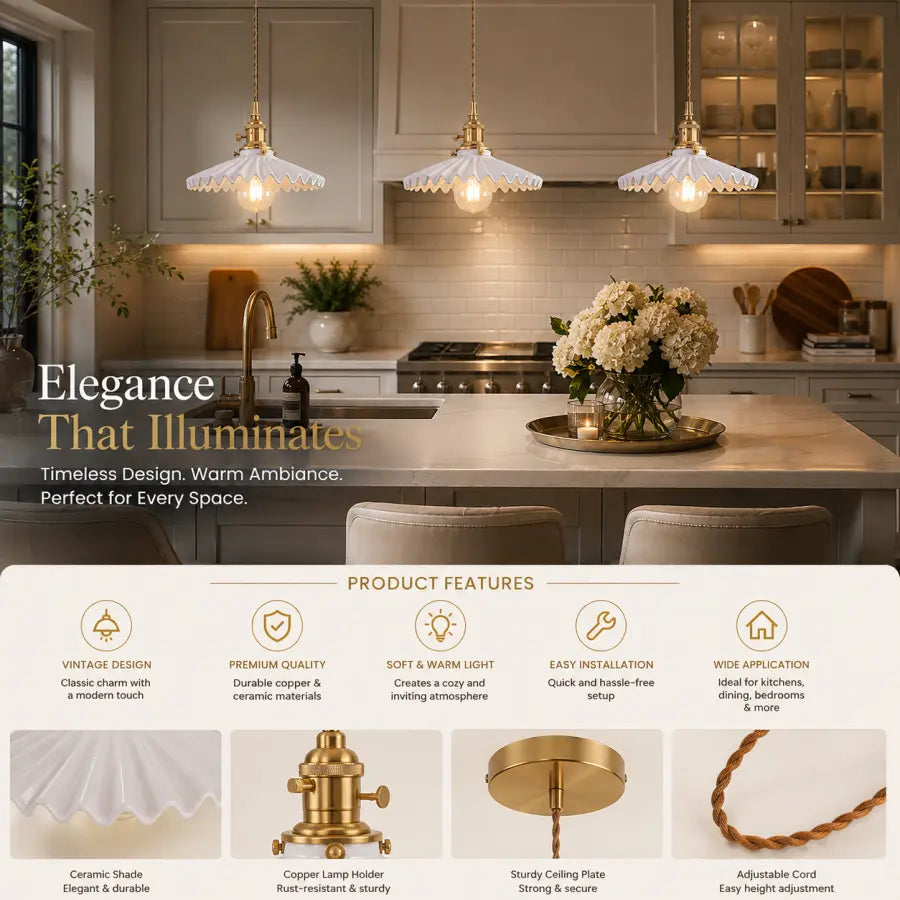 Three vintage-style pendant lights with white scalloped ceramic shades and copper-toned hardware hang over a kitchen island in a bright, modern kitchen. The image includes marketing text and a product features section below with close-up details of the shades, lamp holder, ceiling mount, and cord.