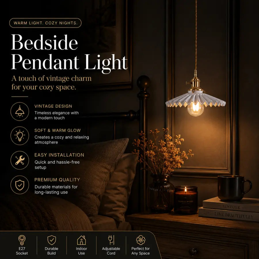 A bedside pendant light with a vintage-style white scalloped glass shade and warm glowing bulb, shown hanging above a bed in a dark, cozy bedroom setting with text callouts on the left.