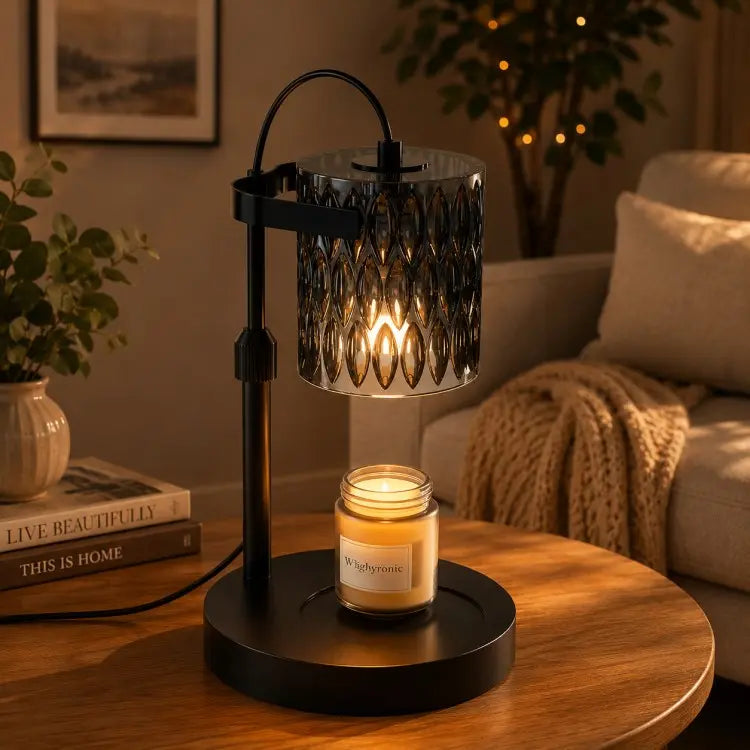 Black candle warmer lamp with timer and dimmer warming a scented jar candle on a wooden table in a modern living room