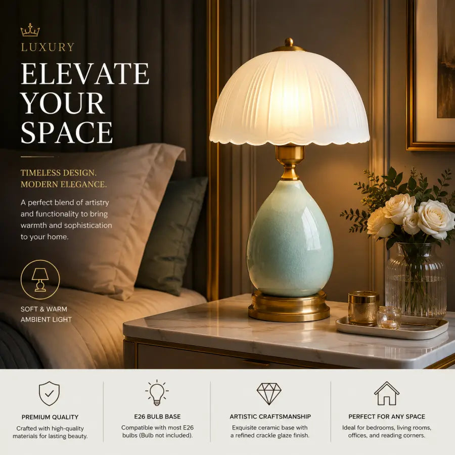 A luxury table lamp with a pleated white shade, a glossy pale aqua ceramic base, and a brass-toned collar and base, shown lit on a bedside table in a bedroom setting. The ad includes marketing text and feature icons at the top and bottom.