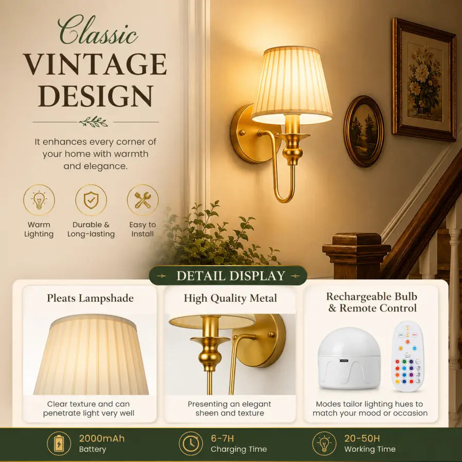 Cordless Gold Wall Sconces Set of 2 – Rechargeable 6000mAh Magnetic Wall Lights with Remote, Dimmable RGB Lighting for Bedroom & Living Room