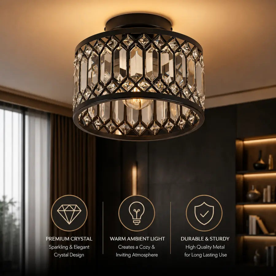 Crystal Ceiling Light Fixture | Modern Black Semi Flush Mount Crystal Chandelier