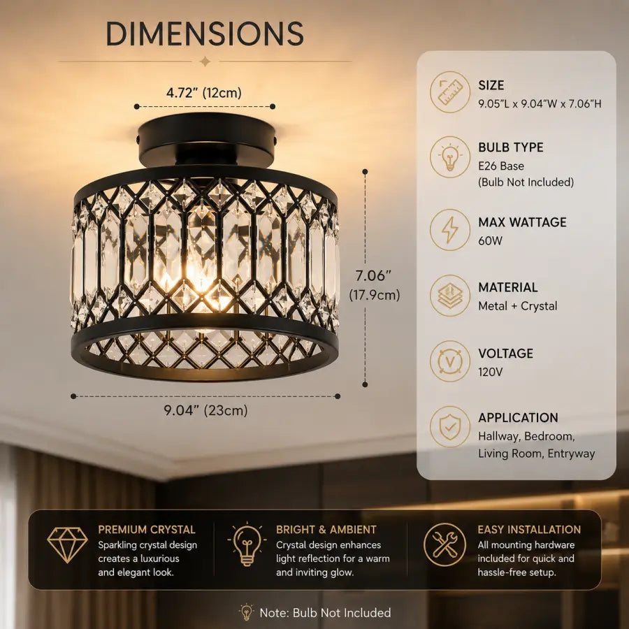 Crystal Ceiling Light Fixture | Modern Black Semi Flush Mount Crystal Chandelier