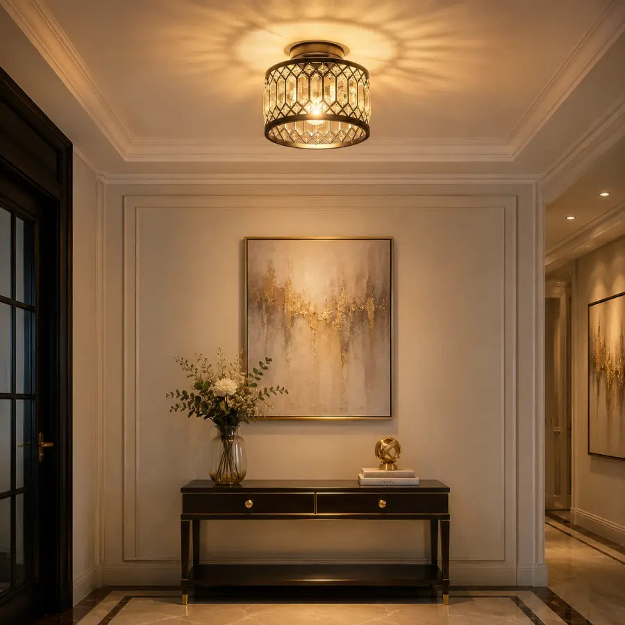 Crystal Ceiling Light Fixture | Modern Black Semi Flush Mount Crystal Chandelier