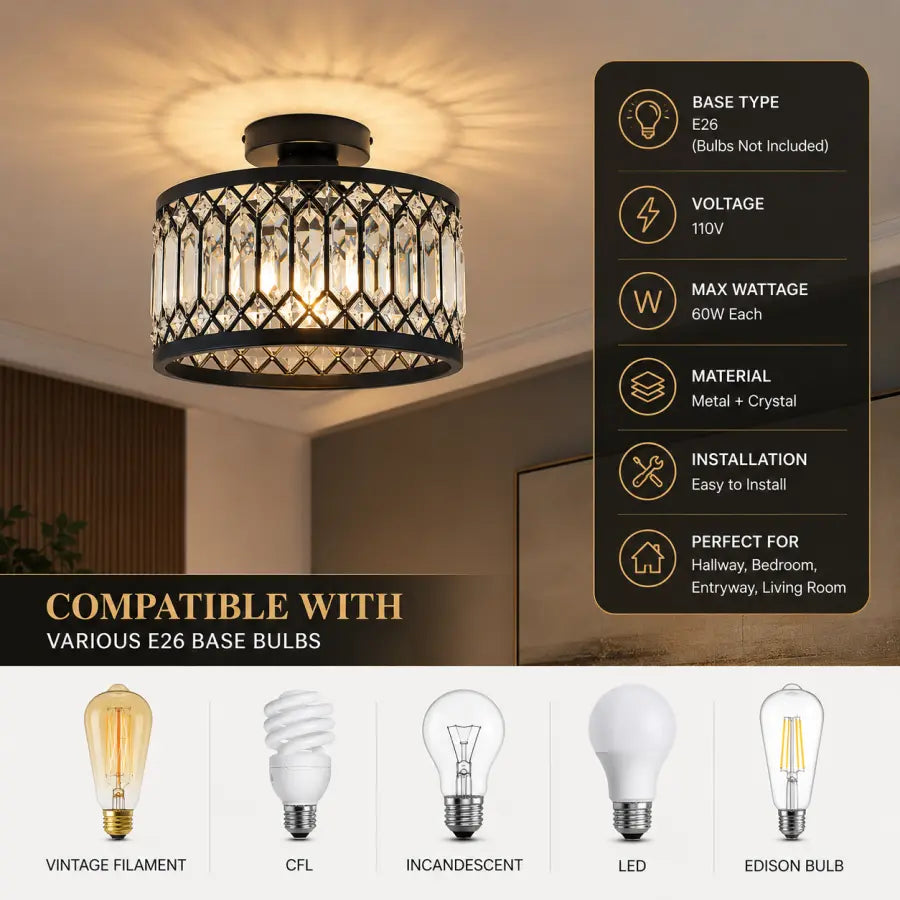 Crystal Ceiling Light Fixture | Modern Black Semi Flush Mount Crystal Chandelier