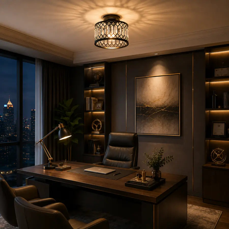 Crystal Ceiling Light Fixture | Modern Black Semi Flush Mount Crystal Chandelier
