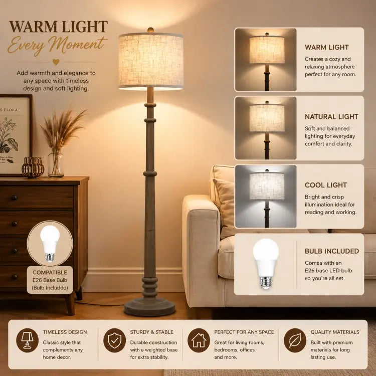 Farmhouse floor lamp with linen fabric shade, LED bulb included, modern standing lamp for living room, bedroom and home office