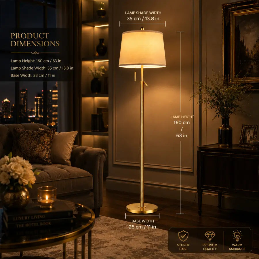Gold Adjustable Floor Lamp for Living Room | 55–65" Modern Brass Standing Lamp with 3 Color LED Light, 9W Bulb Included for Bedroom, Reading Nook & Office
