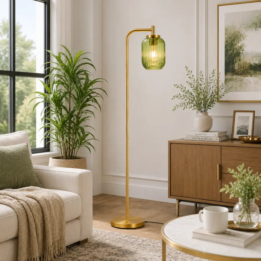 Gold Floor Lamp with Remote Control | Mid Century Modern Green Glass Standing Lamp for Living Room, Bedroom & Office