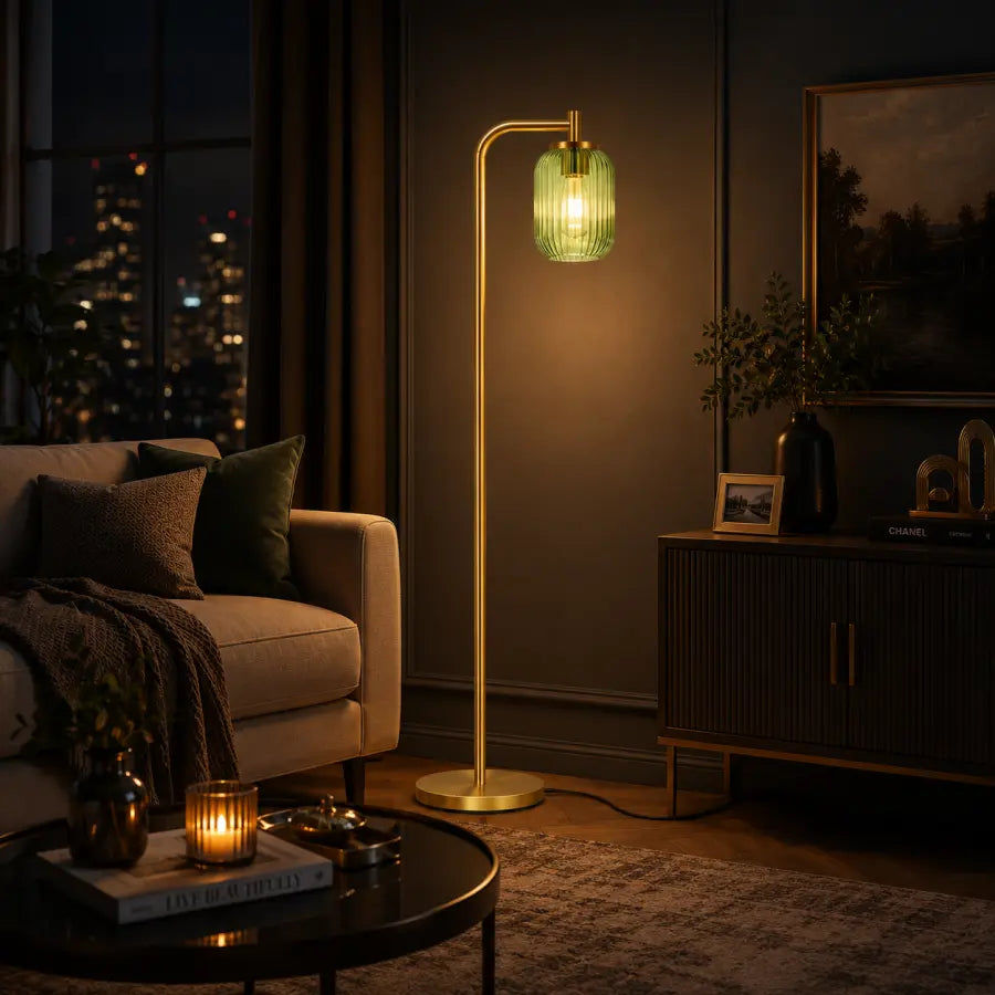 Gold Floor Lamp with Remote Control | Mid Century Modern Green Glass Standing Lamp for Living Room, Bedroom & Office