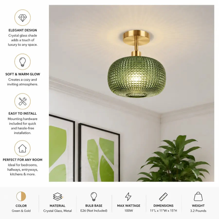 A green textured glass pendant light with a gold brass ceiling mount, shown hanging in a modern room setting. The left side features a vertical list of product features with icons, and the bottom features a horizontal bar with specifications.