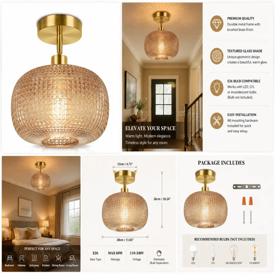 A composite product listing graphic for a ceiling light fixture. The main visual is a large close-up of a round pendant light with a textured glass shade and brushed gold metal hardware.