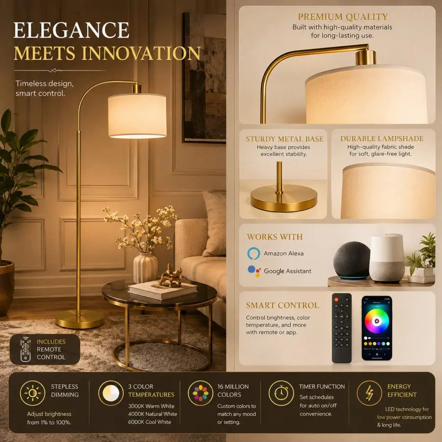 Gold Arc Lamp Floor  with LED Edison Bulb Included, 1200 Lumens Modern Standing Lamp for Living Room, Bedroom & Office