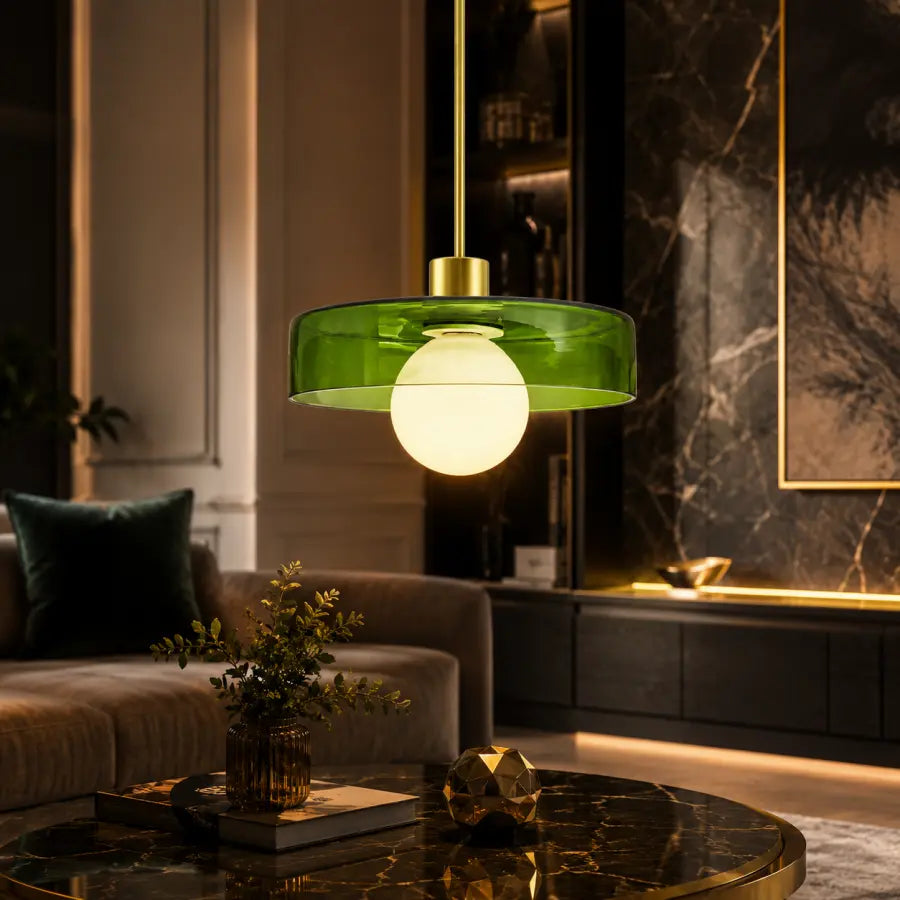 A modern pendant light with a translucent green glass shade and a glowing white globe bulb, hanging in a luxurious, dimly lit living room with dark marble walls and a sofa.