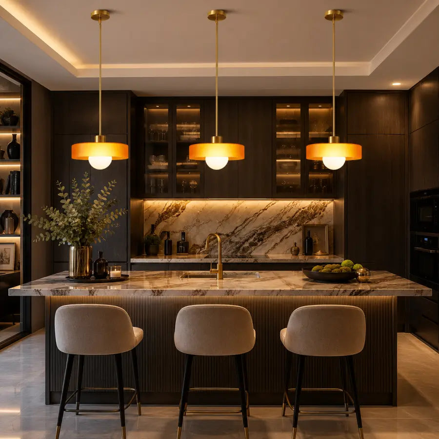 A modern kitchen interior with three pendant lights hanging above a marble island, three upholstered bar stools, dark wood cabinetry, and warm under-cabinet lighting.