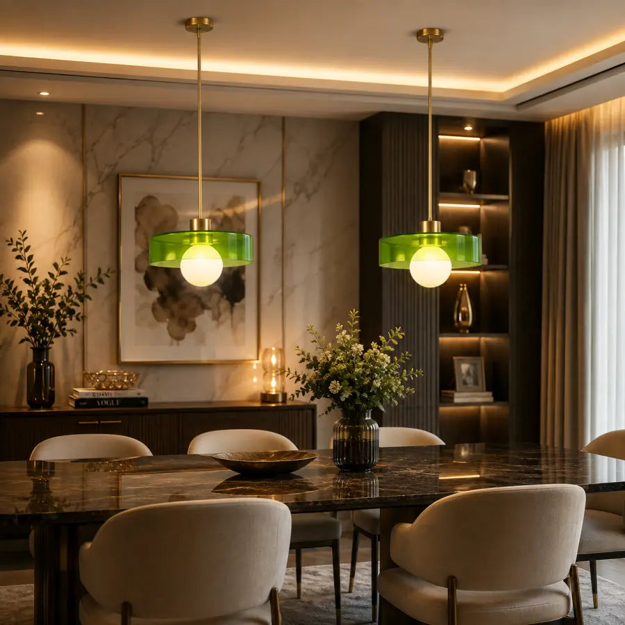 Two modern pendant lights with translucent green glass shades and gold-toned hardware hang over a dark marble dining table with cream upholstered chairs in a luxurious, warmly lit dining room.