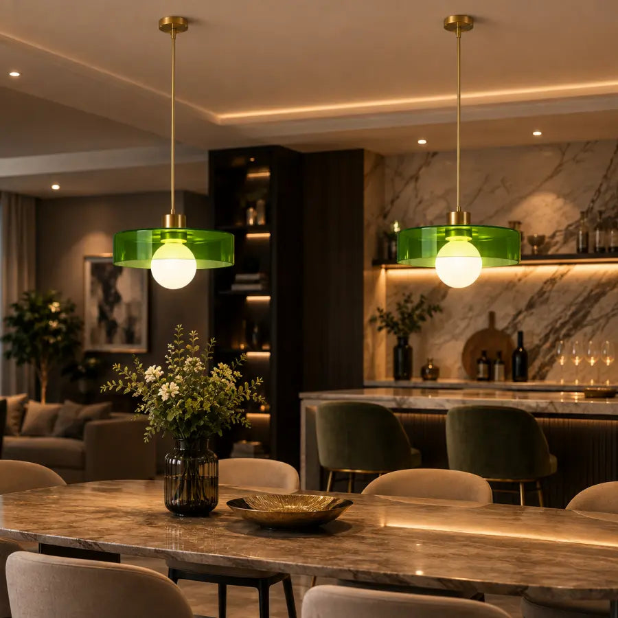 Two modern pendant lights with translucent green glass shades and gold-toned hardware hang over a dining table in a stylishly lit contemporary kitchen and dining space.
