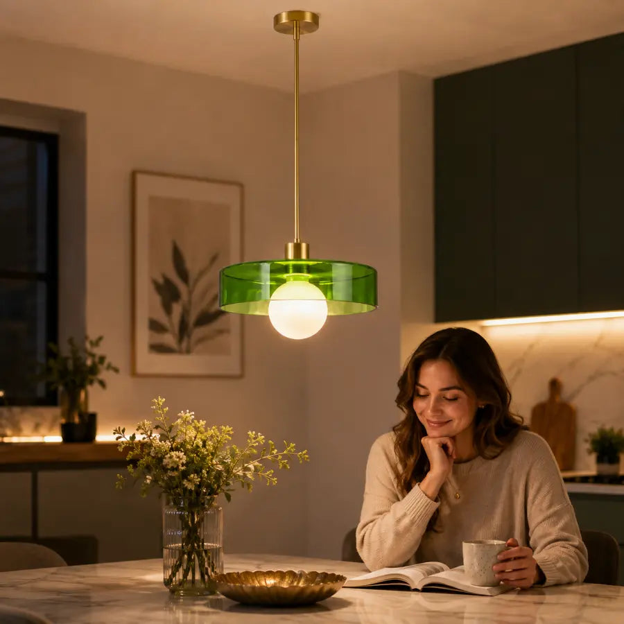 A woman sits at a kitchen table under a hanging pendant light with a translucent green glass shade and a glowing white globe bulb. The scene is warmly lit, with flowers on the table and a modern kitchen in the background.