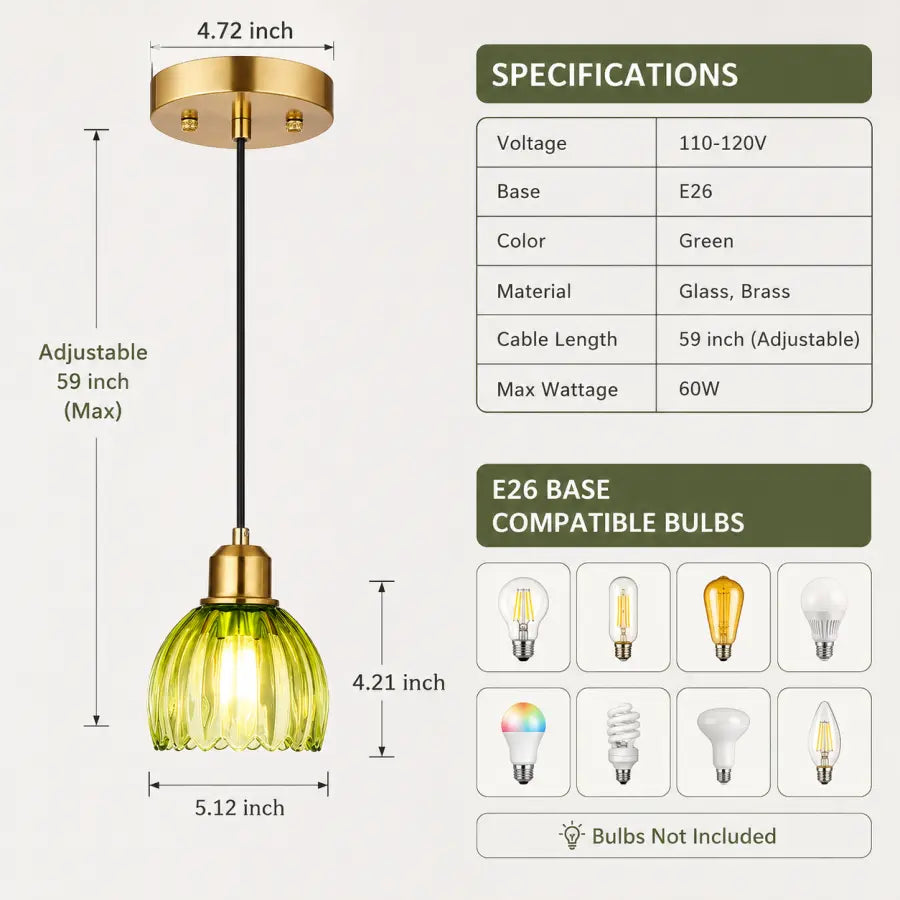 A hanging pendant light with a green ribbed glass shade, brass-toned metal fixture, and black cord, shown on a light gray background with dimension labels, specifications, and bulb compatibility information.