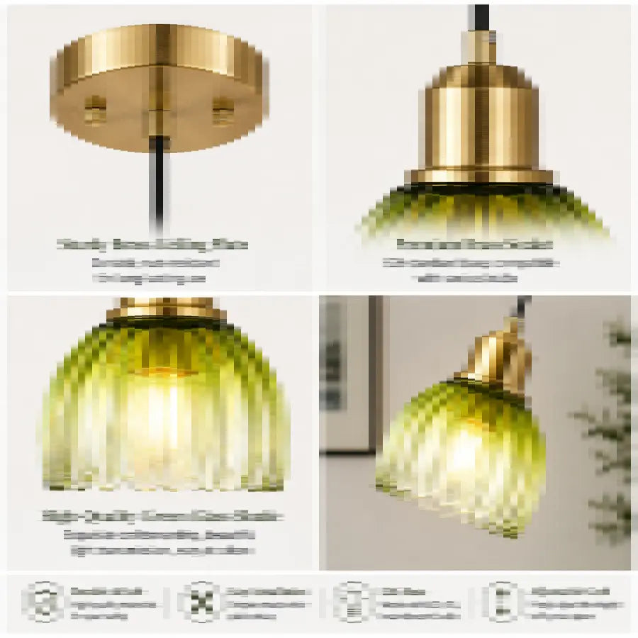 A 2x2 product collage showing a hanging pendant light from multiple angles. The fixture has a round brushed brass ceiling canopy, a matching brass socket and cord, and a ribbed translucent green glass shade that glows warm yellow when lit.