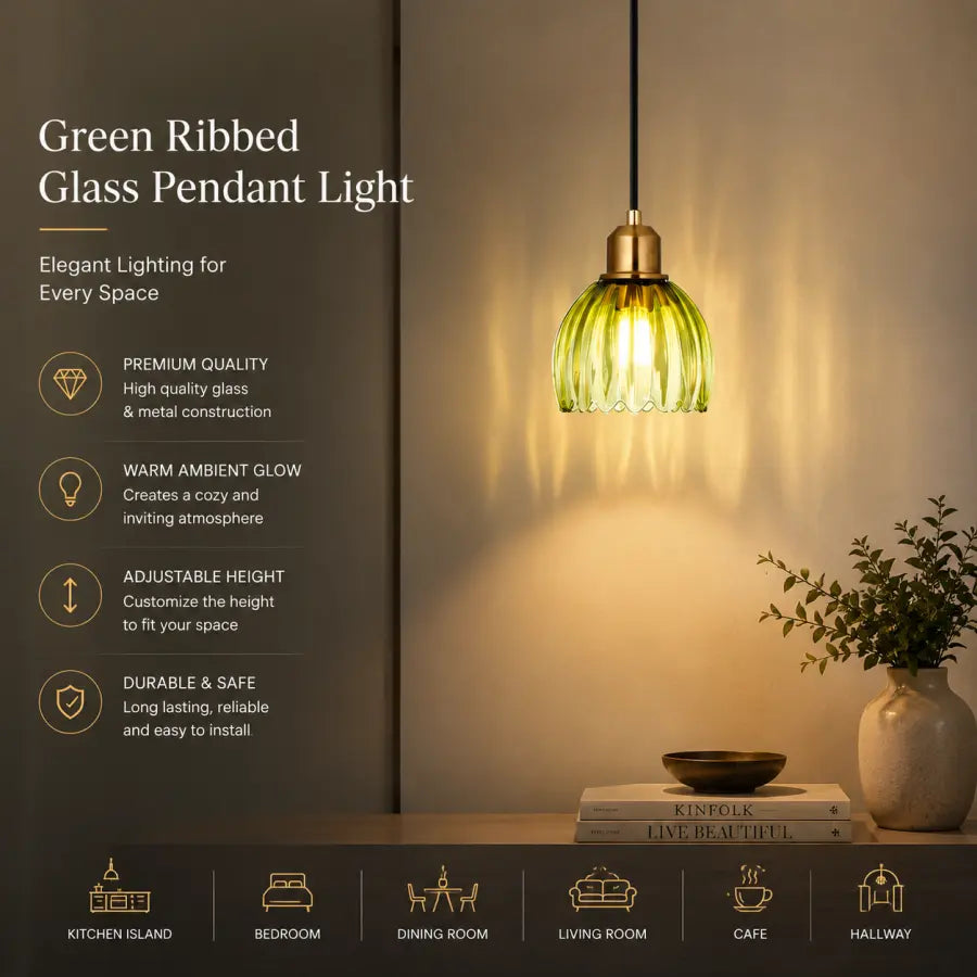 A green ribbed glass pendant light with a brass-toned metal cap hangs over a table in a warmly lit room. Text on the left describes the light's features, and a row of room-use icons appears along the bottom.