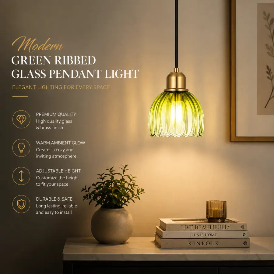 A modern green ribbed glass pendant light with a brass-toned metal cap, shown hanging in a warmly lit interior setting next to a potted plant and books, with product feature text on the left.