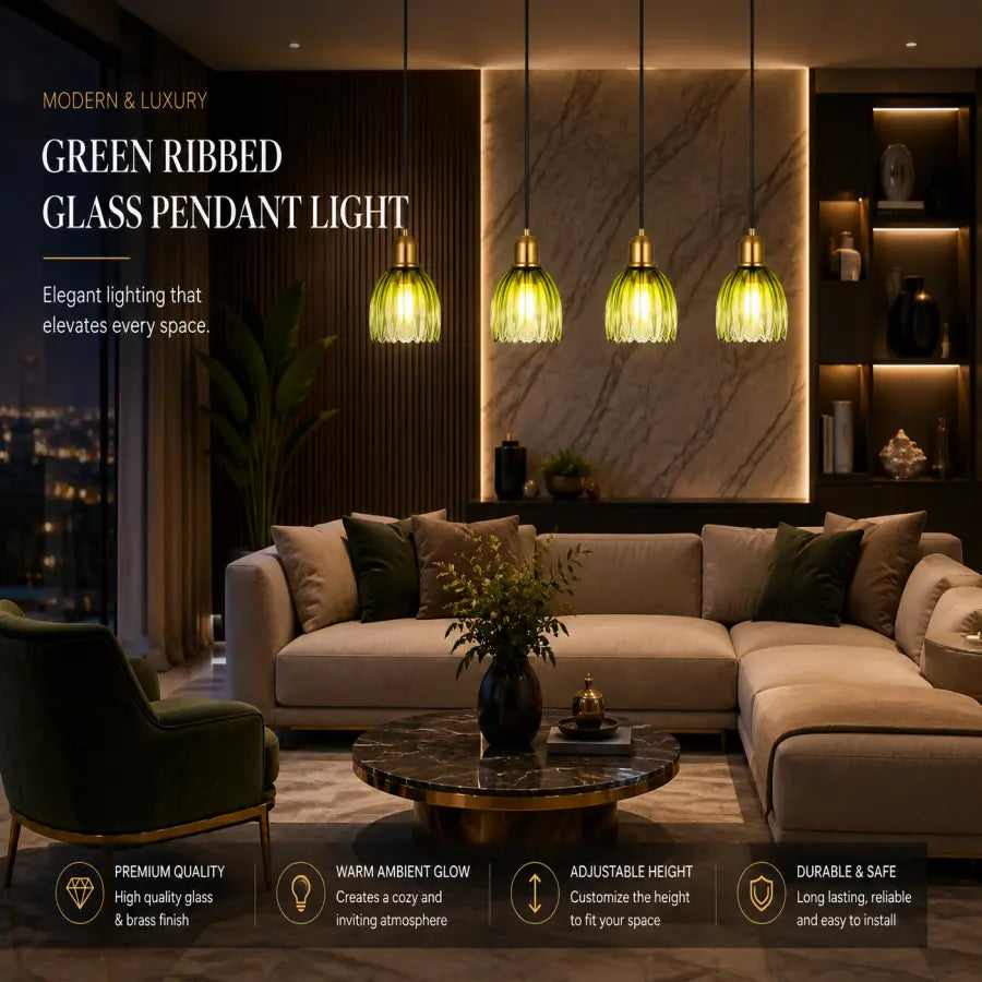 A modern living room scene featuring three green ribbed glass pendant lights hanging over a beige sectional sofa. The image includes marketing text on the left and feature icons along the bottom, set against a dark, upscale interior background.