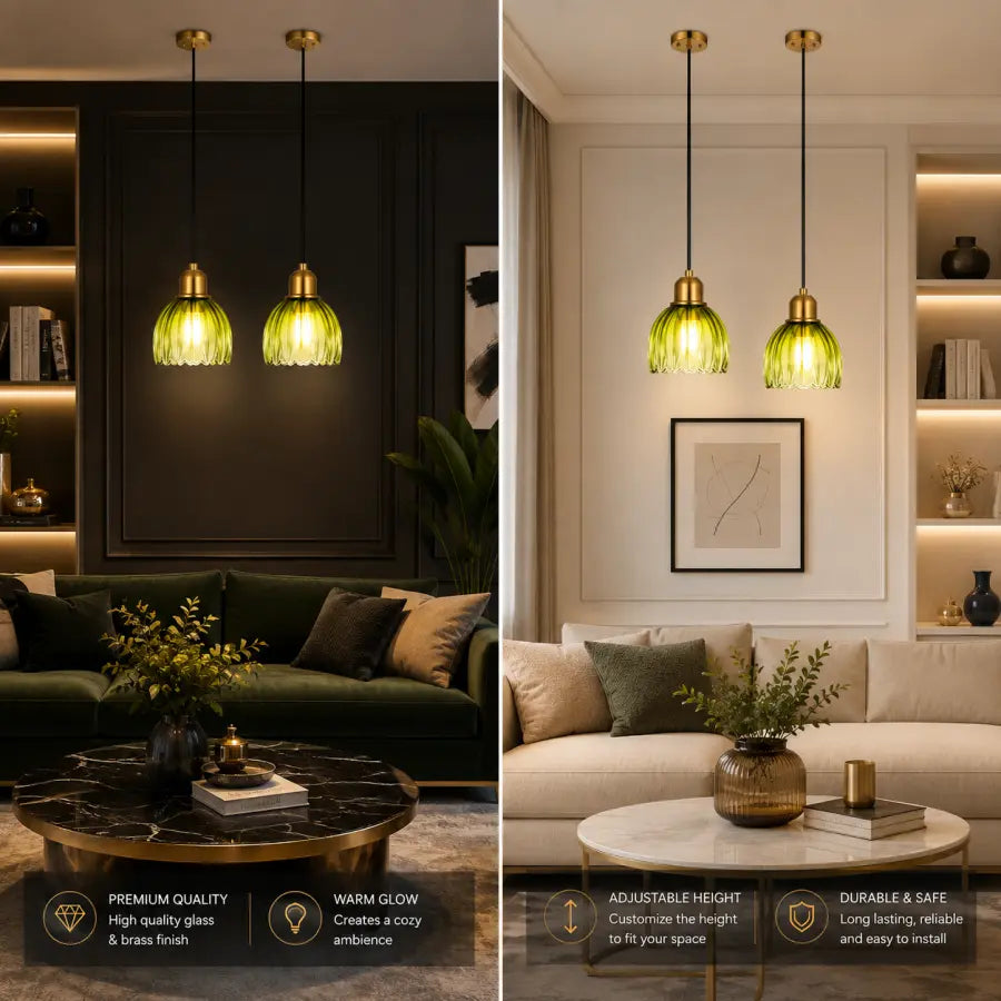Two modern pendant lights with ribbed green glass shades and brass fixtures shown in two styled living room settings, with feature callouts at the bottom.
