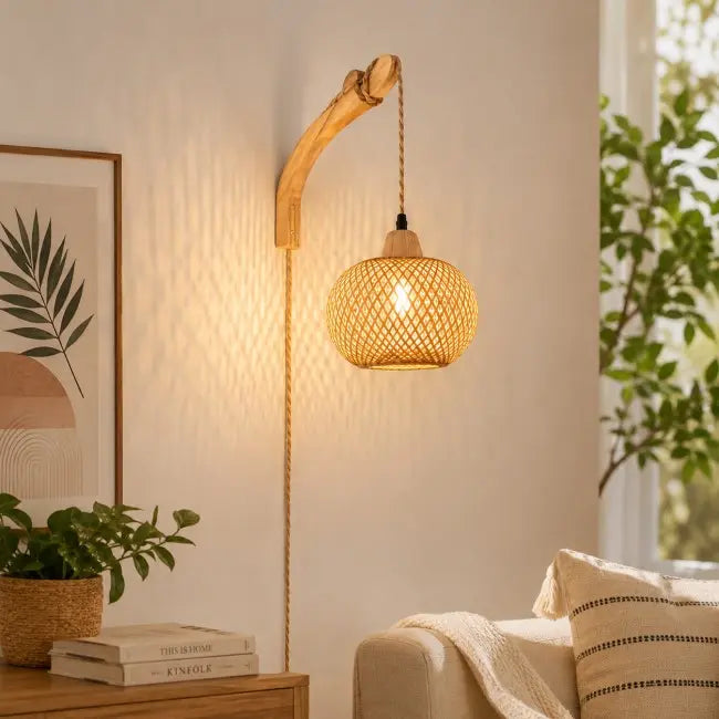 Handwoven Rattan Wall Sconce Set of 2 – Boho Farmhouse Wall Lights with Plug-In Cord for Bedroom, Living Room & Hallway