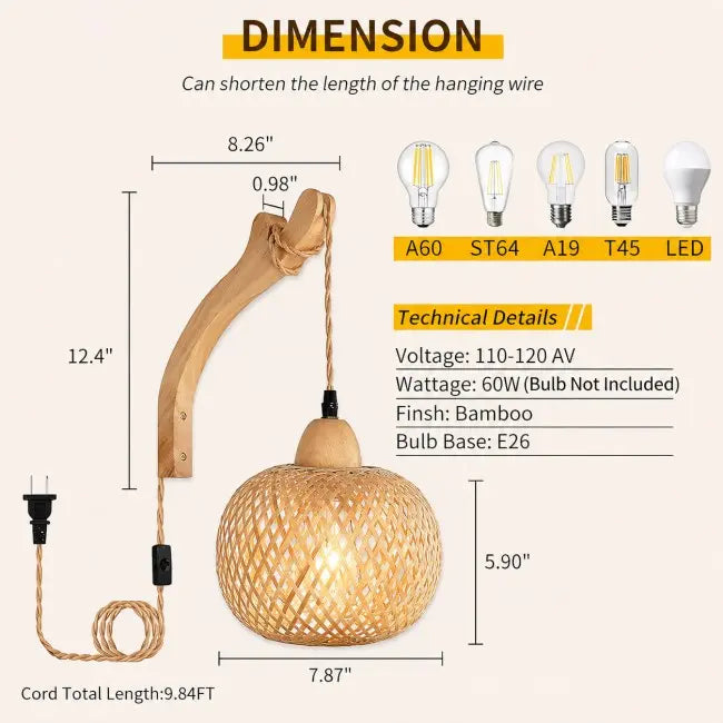 Handwoven Rattan Wall Sconce Set of 2 – Boho Farmhouse Wall Lights with Plug-In Cord for Bedroom, Living Room & Hallway