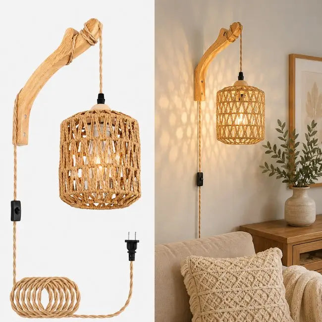 Handwoven Rattan Wall Sconce Set of 2 – Boho Farmhouse Wall Lights with Plug-In Cord for Bedroom, Living Room & Hallway