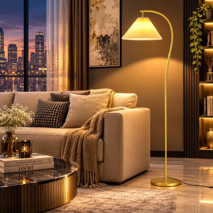 Modern Gold Arc Floor Lamp  3-Color Dimmable Pleated Standing Lamp with 12W LED Bulb for Living Room, Bedroom, Reading Nook & Office