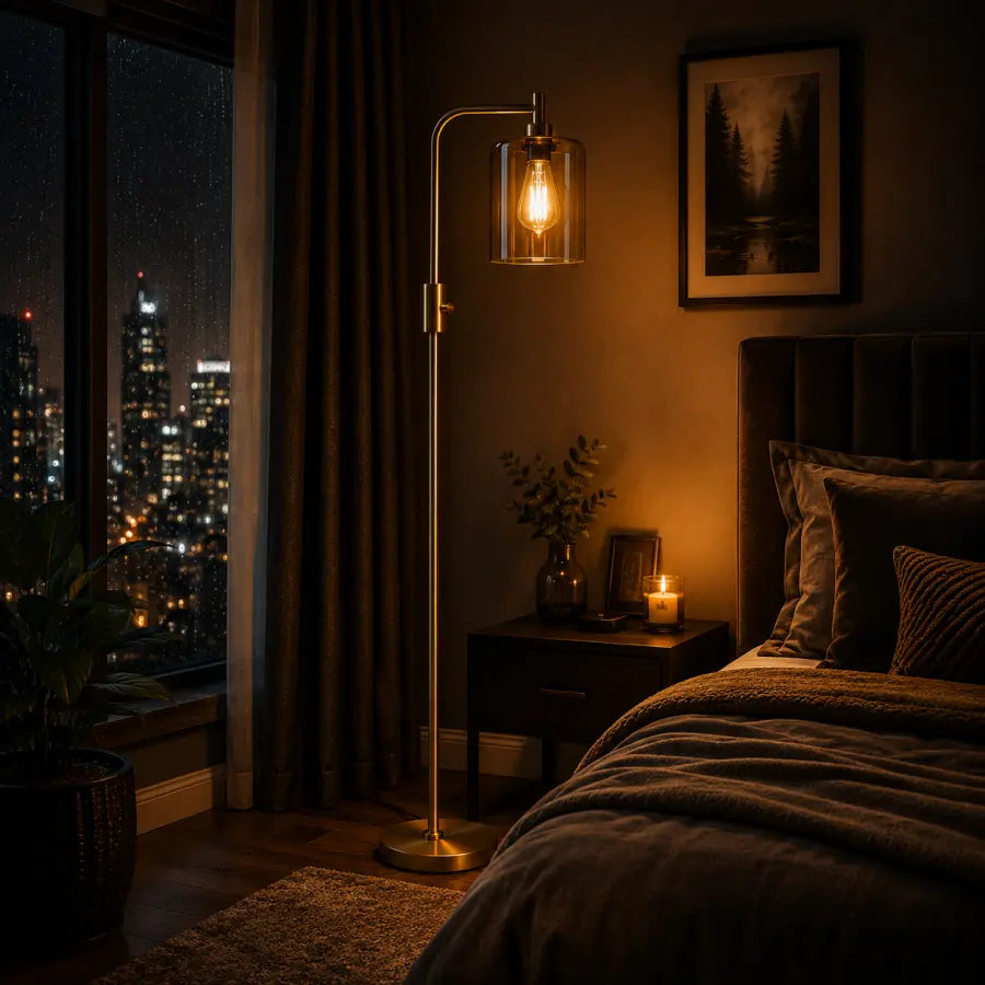 Modern Gold Arc Floor Lamp with Clear Glass Shade | Dimmable 900LM LED Standing Lamp for Living Room, Bedroom, Reading Nook, Office & Corner – LED Bulb Included