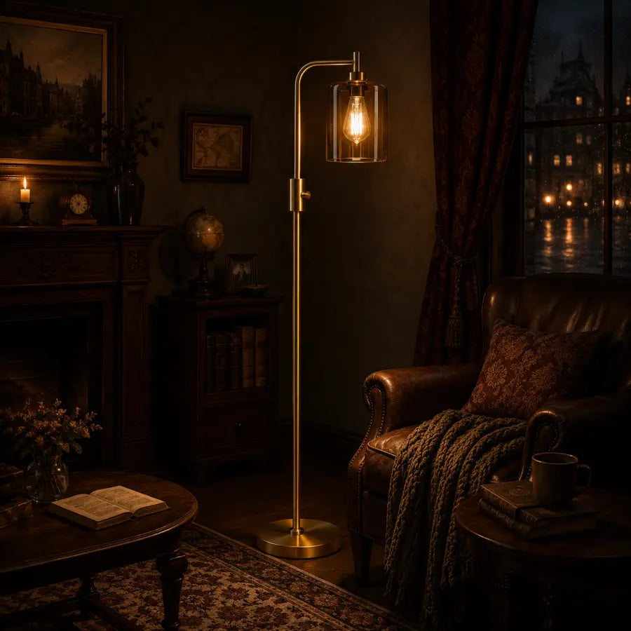 Modern Gold Arc Floor Lamp with Clear Glass Shade | Dimmable 900LM LED Standing Lamp for Living Room, Bedroom, Reading Nook, Office & Corner – LED Bulb Included