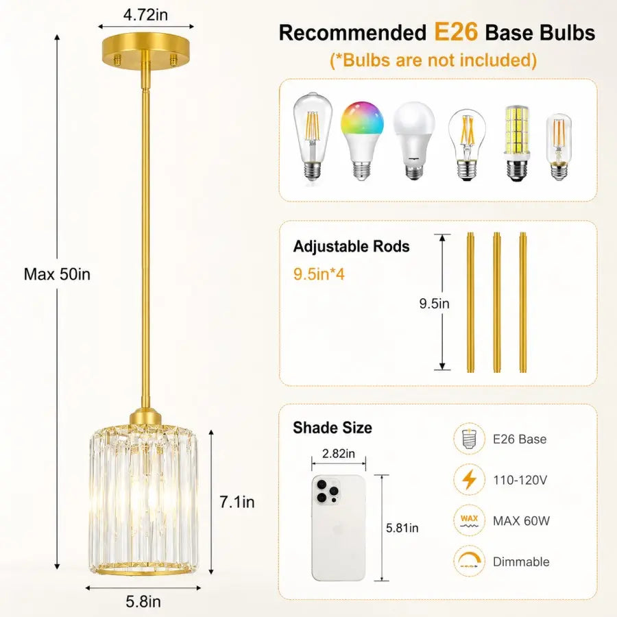 Gold ceiling pendant light fixture with a clear ribbed glass shade, shown with dimension labels and bulb information on a light beige background. Text indicates recommended E26 base bulbs are not included and lists adjustable rods and shade size details.