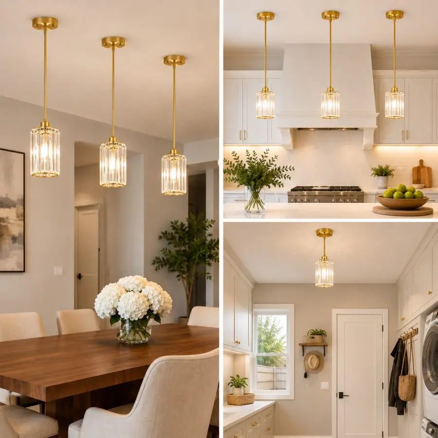 A three-panel collage showing gold pendant light fixtures in real home environments: a dining room with three pendants over a wooden table, a bright kitchen with three pendants above a stove, and a hallway with one pendant hanging from the ceiling.