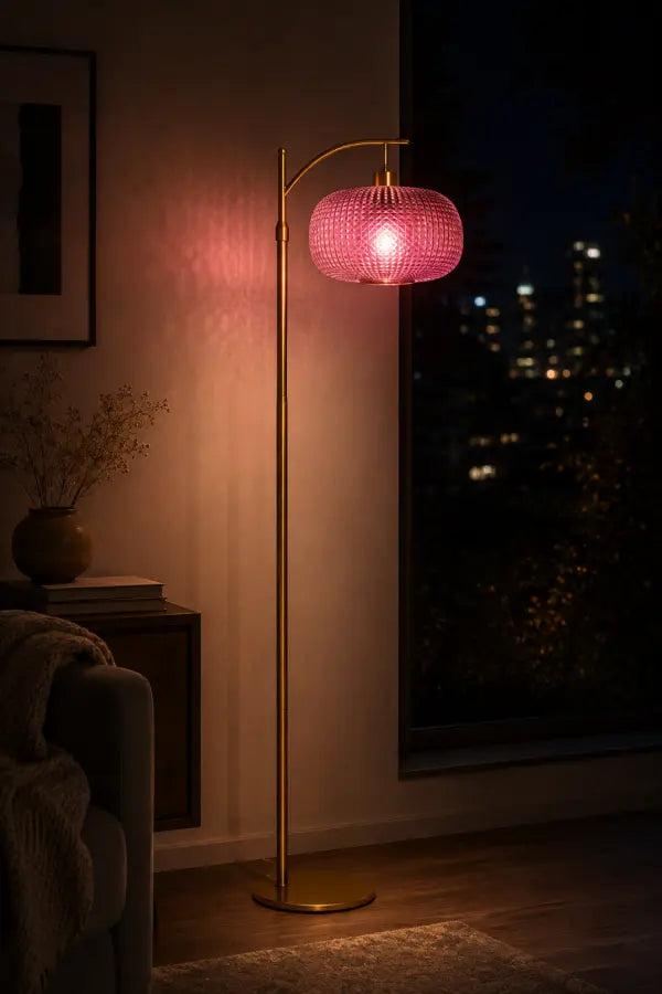 Modern Green Glass Floor Lamp with Remote | Mid-Century Gold Dimmable Standing Lamp for Living Room, Bedroom & Office | 12W LED Bulb Included