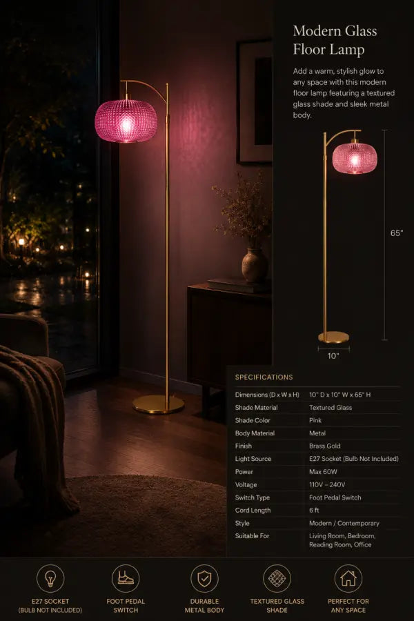 Modern Green Glass Floor Lamp with Remote | Mid-Century Gold Dimmable Standing Lamp for Living Room, Bedroom & Office | 12W LED Bulb Included