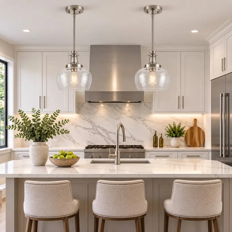A bright modern kitchen with white cabinetry, a marble backsplash, stainless steel range hood and refrigerator, two glass pendant lights, a central island, and three upholstered bar stools in the foreground.
