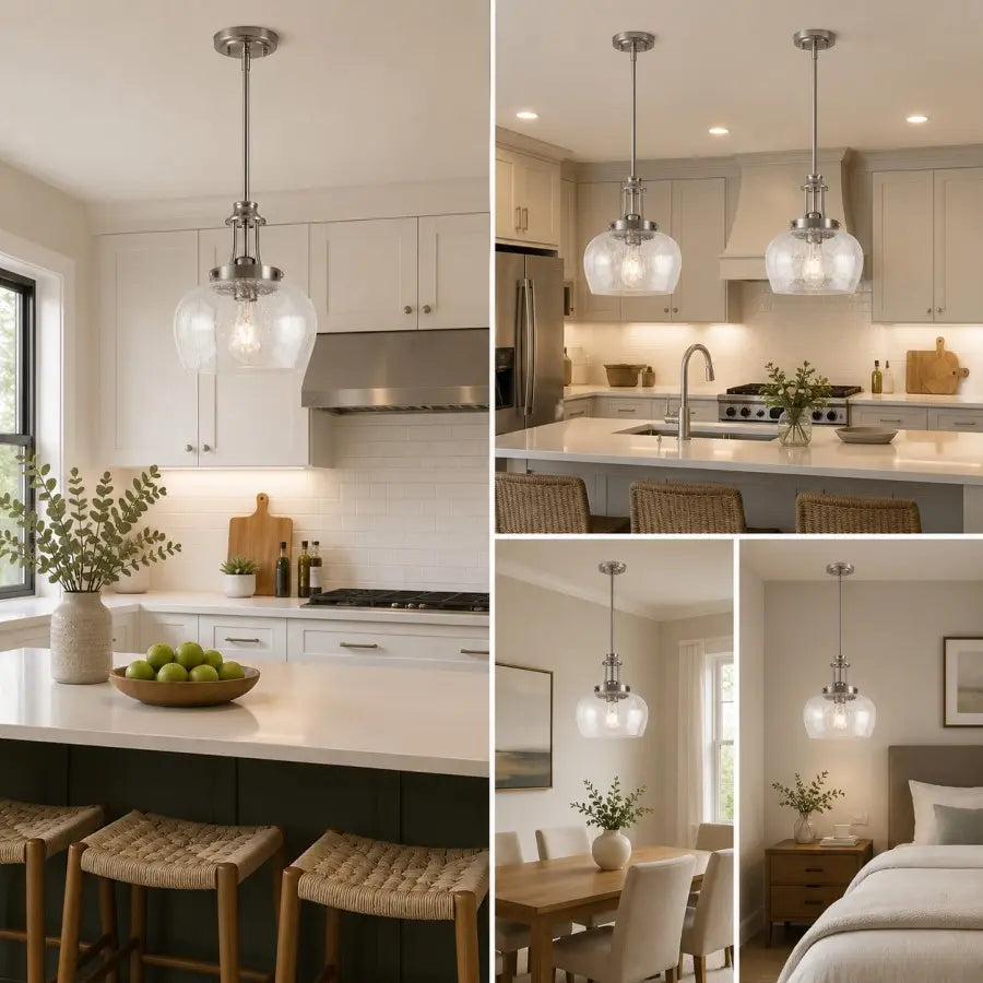 A four-panel collage showing modern pendant light fixtures installed in real interior settings: a bright kitchen with white cabinets and island, a dining room with a wood table and chairs, and a bedroom with a bed and nightstand. The fixtures have brushed metal hardware and clear glass globes.