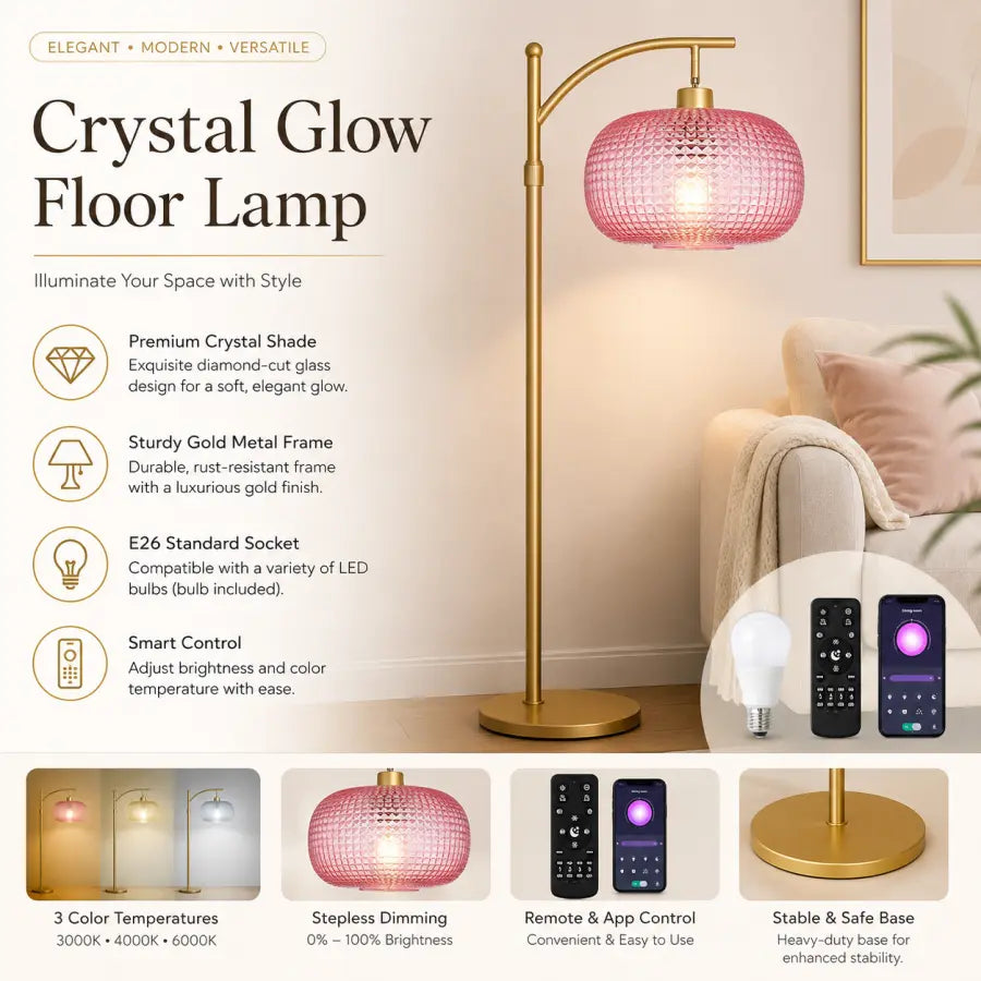 Crystal glow floor lamp with a pink textured crystal shade and a gold metal frame, shown in a styled bedroom setting with a bed and pillows. The image includes product features, remote control, and temperature adjustment details.