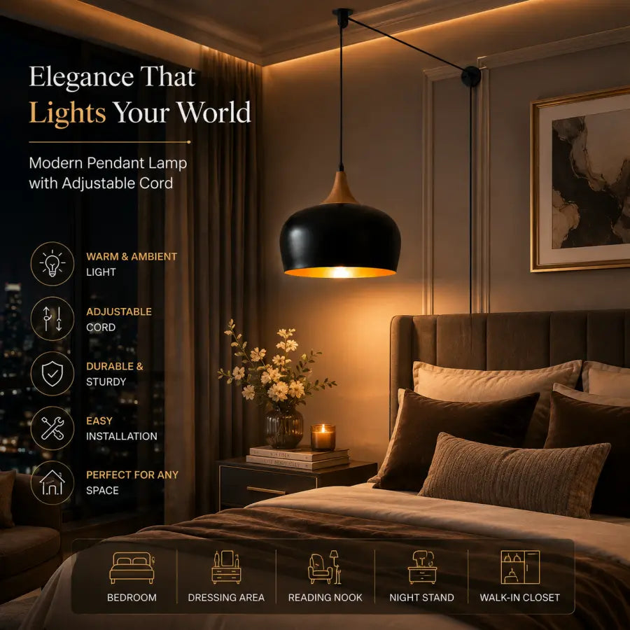 Plug-In Pendant Light  Modern Hanging Light with 16.4ft Cord & OnOff Switch, Black & Wood Grain Finish