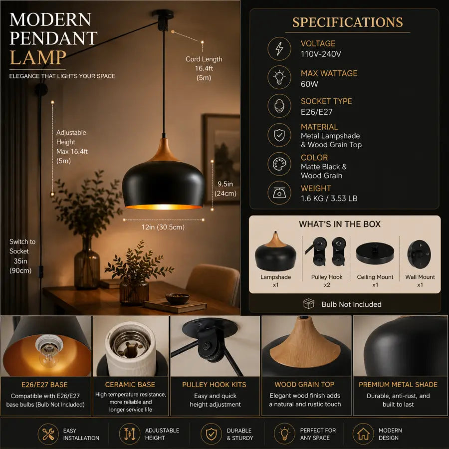 Plug-In Pendant Light  Modern Hanging Light with 16.4ft Cord & OnOff Switch, Black & Wood Grain Finish