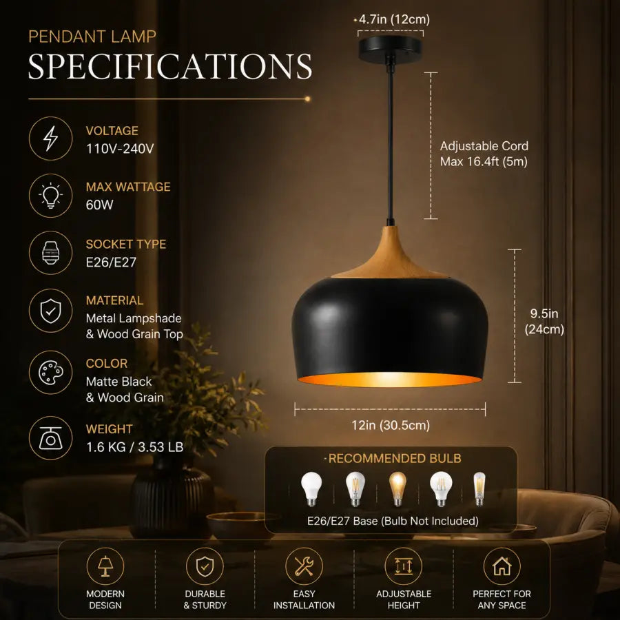 Plug-In Pendant Light  Modern Hanging Light with 16.4ft Cord & OnOff Switch, Black & Wood Grain Finish