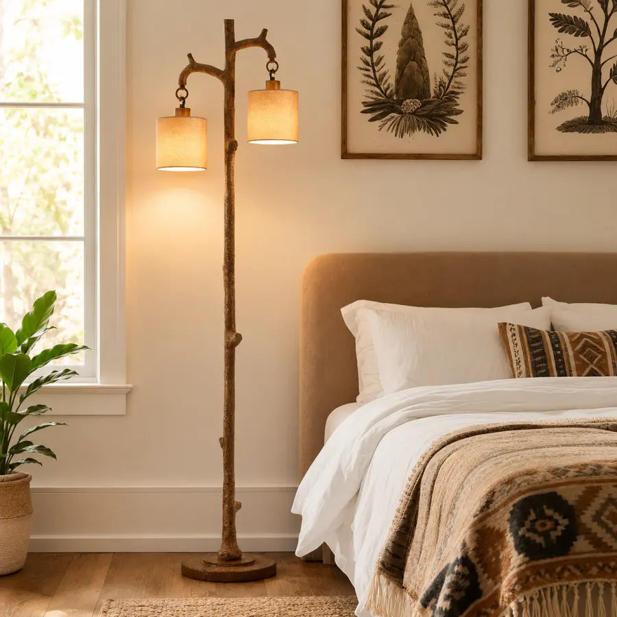 Rustic Farmhouse Floor Lamp with 2 Linen Shades  69 Tree Trunk Standing Lamp for Living Room, Bedroom, Reading Nook & Office