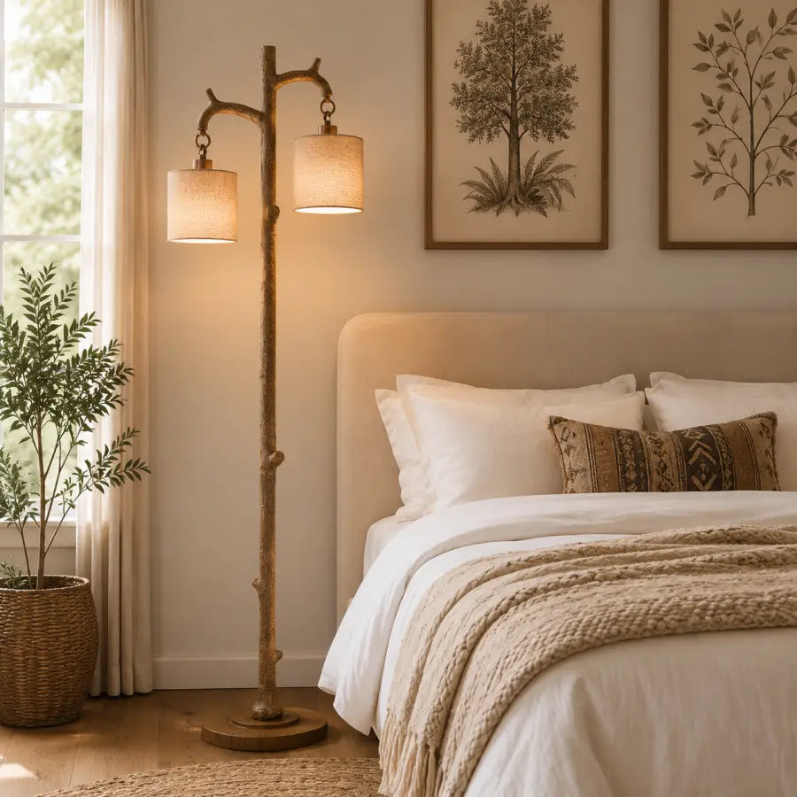 Rustic Farmhouse Floor Lamp with 2 Linen Shades  69 Tree Trunk Standing Lamp for Living Room, Bedroom, Reading Nook & Office