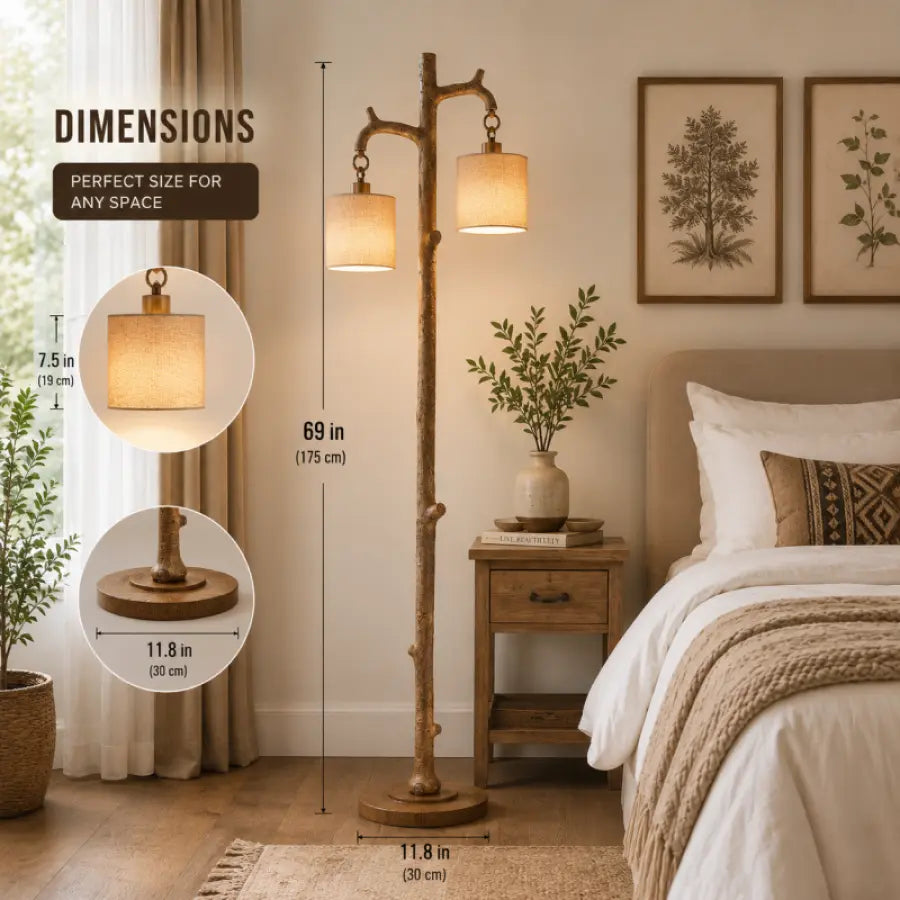 Rustic Farmhouse Floor Lamp with 2 Linen Shades  69 Tree Trunk Standing Lamp for Living Room, Bedroom, Reading Nook & Office