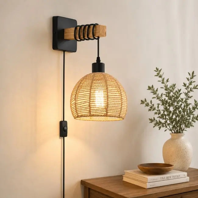 Rustic Rattan Wall Sconces Set of 2 – Plug-In Farmhouse Wall Lights with Metal Frame for Bedroom, Living Room & Hallway