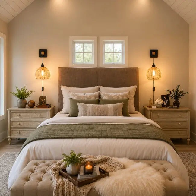 Rustic Rattan Wall Sconces Set of 2 – Plug-In Farmhouse Wall Lights with Metal Frame for Bedroom, Living Room & Hallway