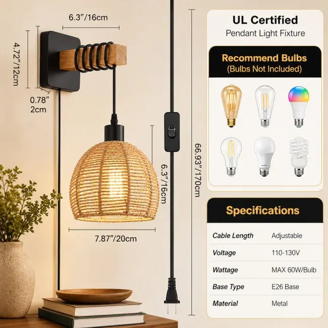 Rustic Rattan Wall Sconces Set of 2 – Plug-In Farmhouse Wall Lights with Metal Frame for Bedroom, Living Room & Hallway